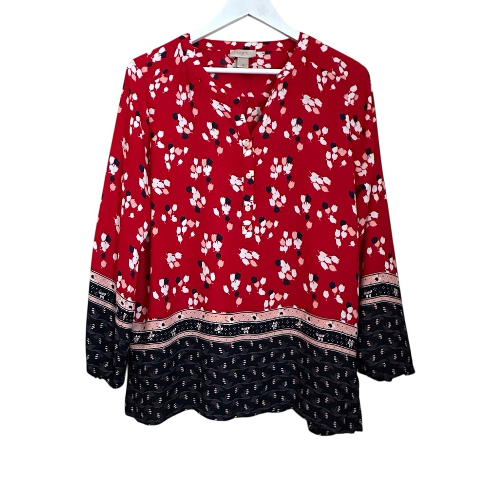 Ann Taylor Loft Tulip Floral Red Navy Blue Blouse Women’s Sz M